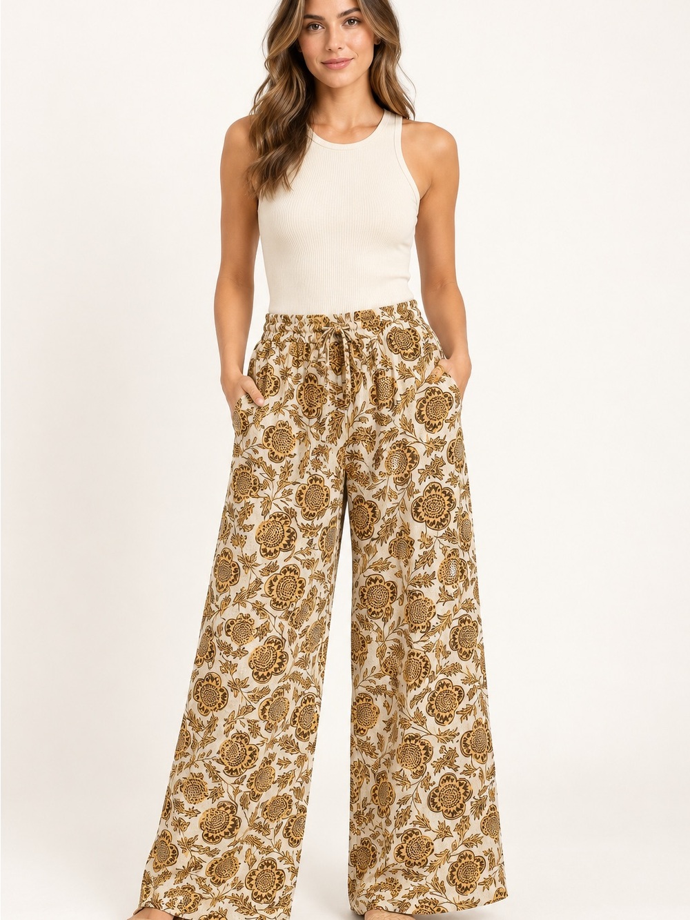 Nicole Miller Cream Wide-Leg Palazzo Pants with Brown Floral Print. XS
